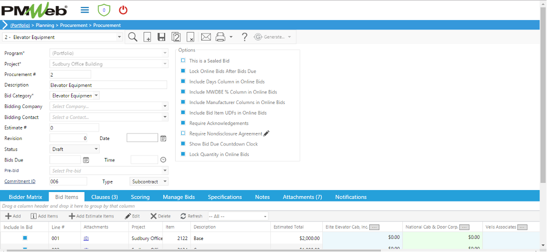 PMWeb 7 Planning Procurement Procurement Bid Items 