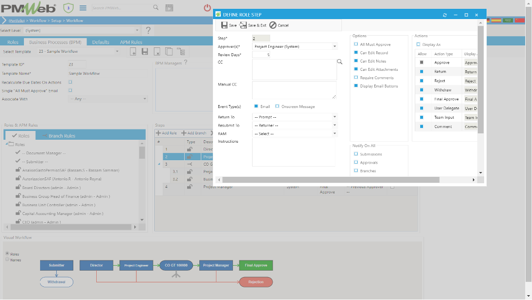 PMWeb 7 Workflow Step Workflow Business Processes (BPM) Define Role Step 