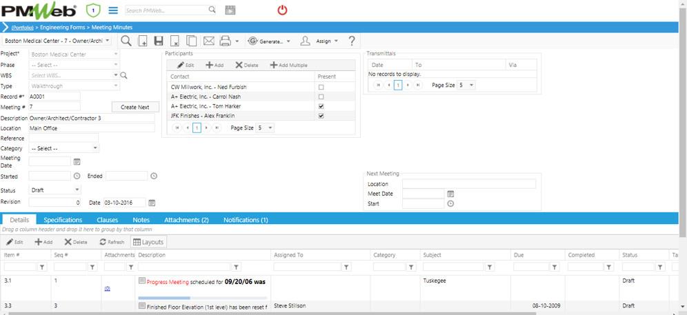 PMWeb 7 Engineering Forms Meeting Minutes Details 