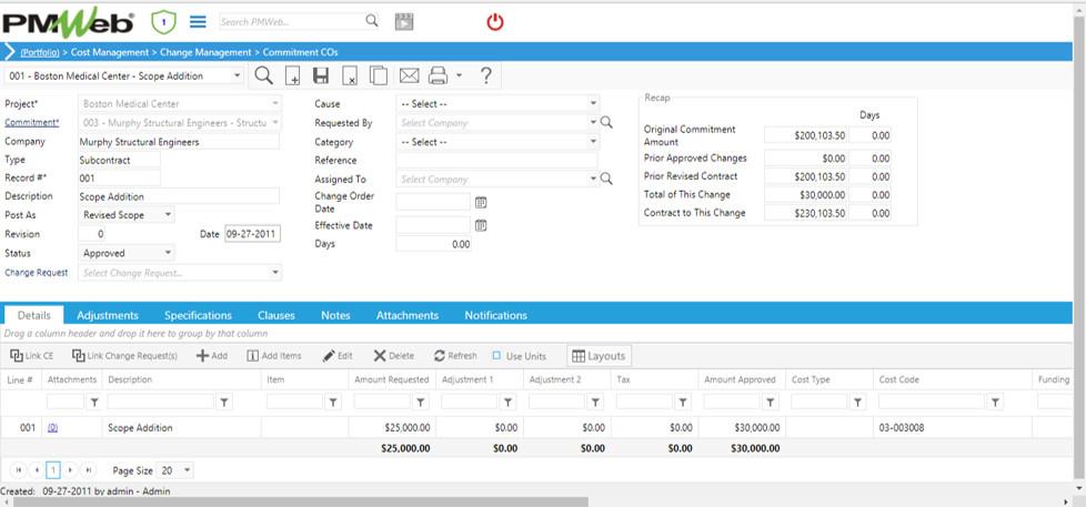 PMWeb 7 Cost Managment Change Managment Commitment CO Details 