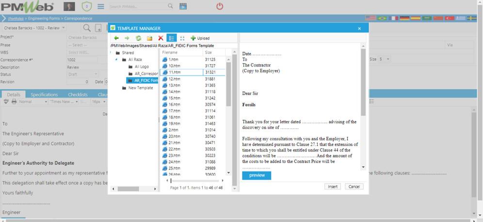 PMWeb 7 Engineering Forms Correspondence Template Manager 