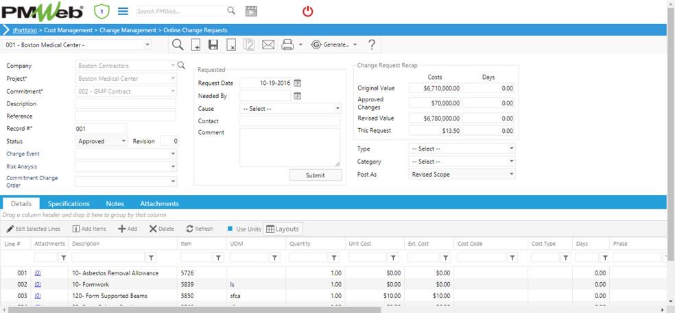 PMWeb 7 Cost Managment Change Managment Online Change Requests Details 