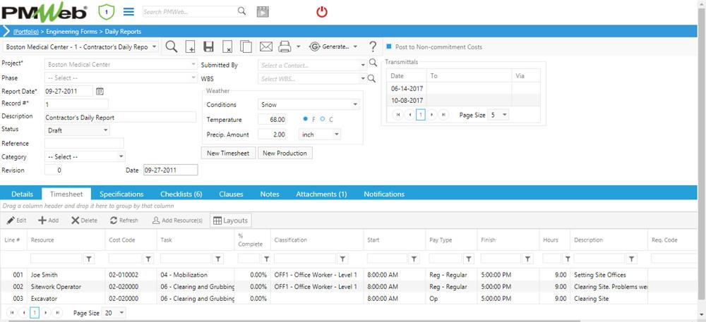 PMWeb 7 Engineering Forms Daily Reports Timesheet 