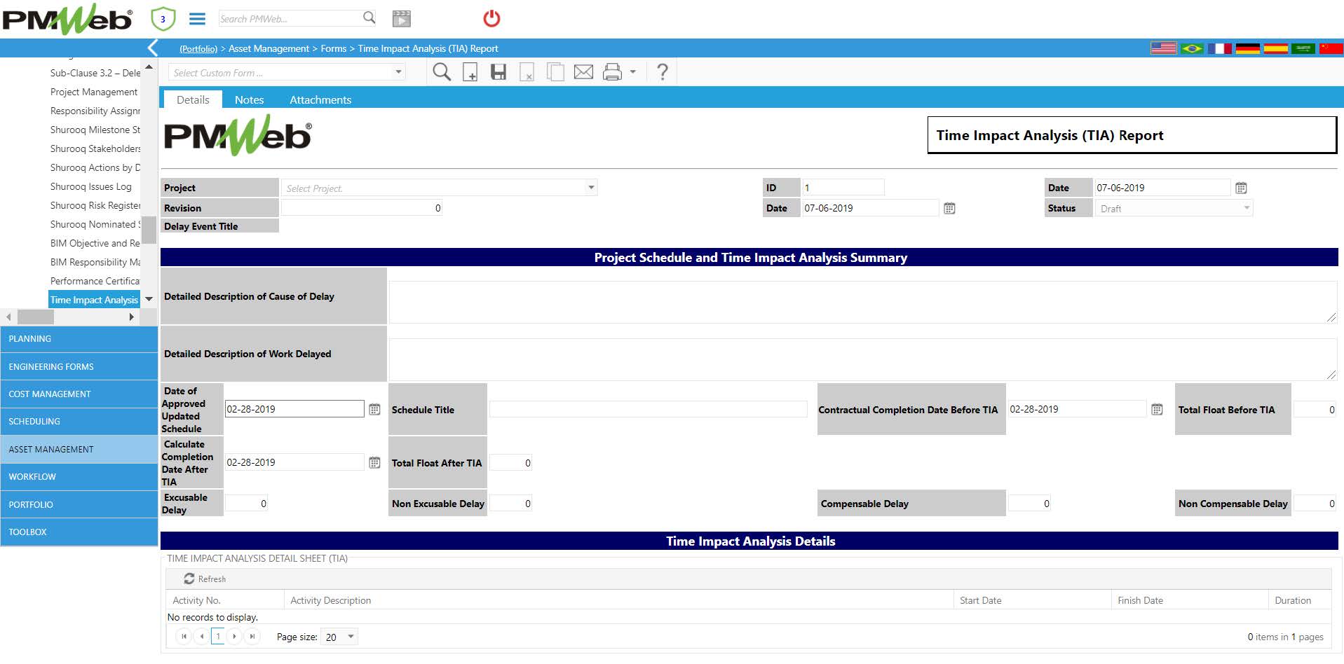 PMWeb 7 Assets Managment Forms Time Impact Analysis (TIA) Report Details 