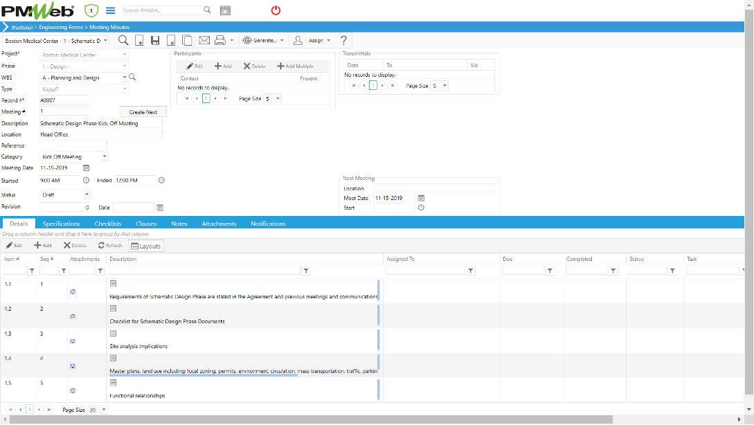 PMWeb 7 Engineering Forms Meeting Minutes Details 