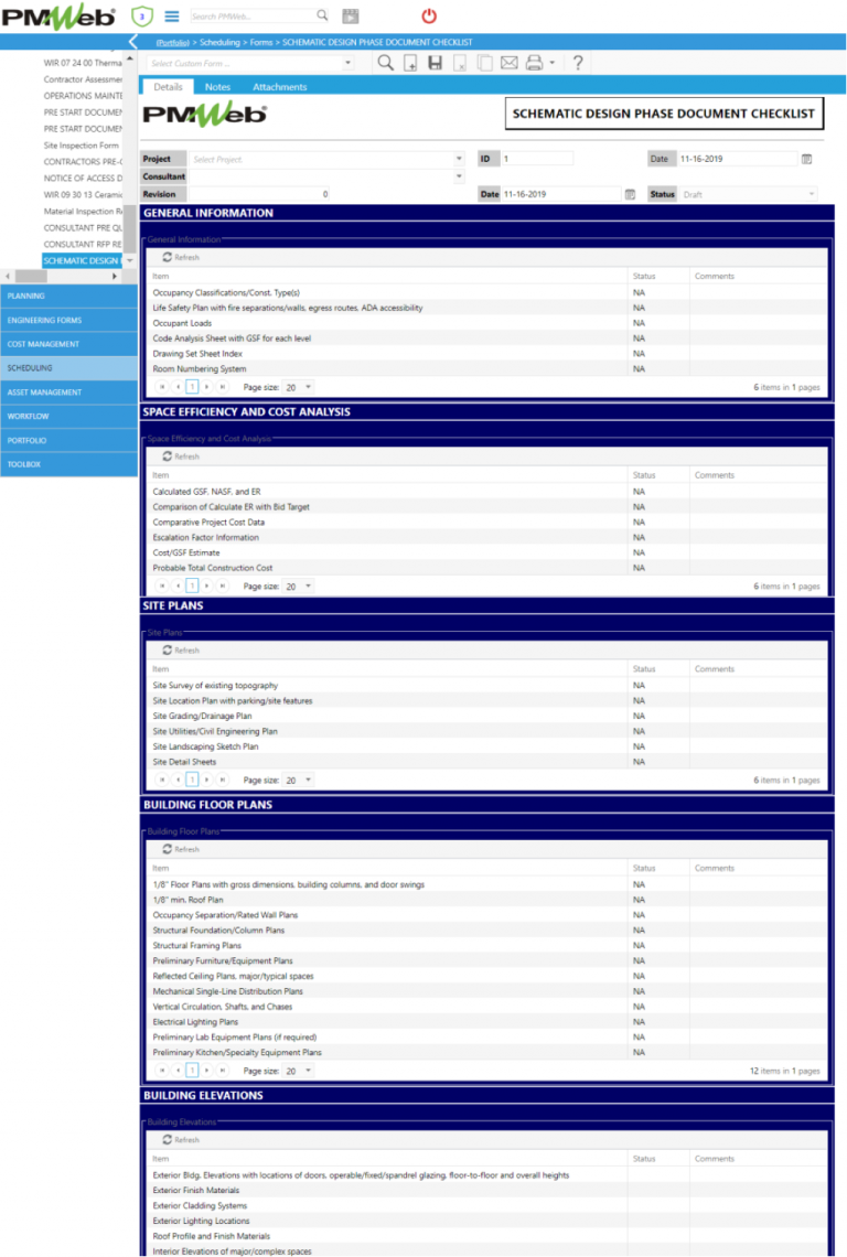 PMWeb 7 Scheduling Forms Schematic Design Phase Document Checklist 