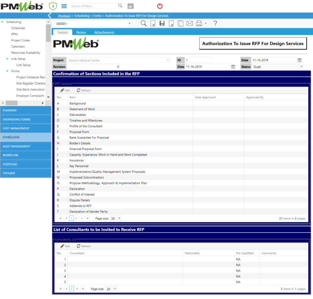 PMWeb 7 Scheduling Forms Authorization to Issue RFP to Design Services Details 