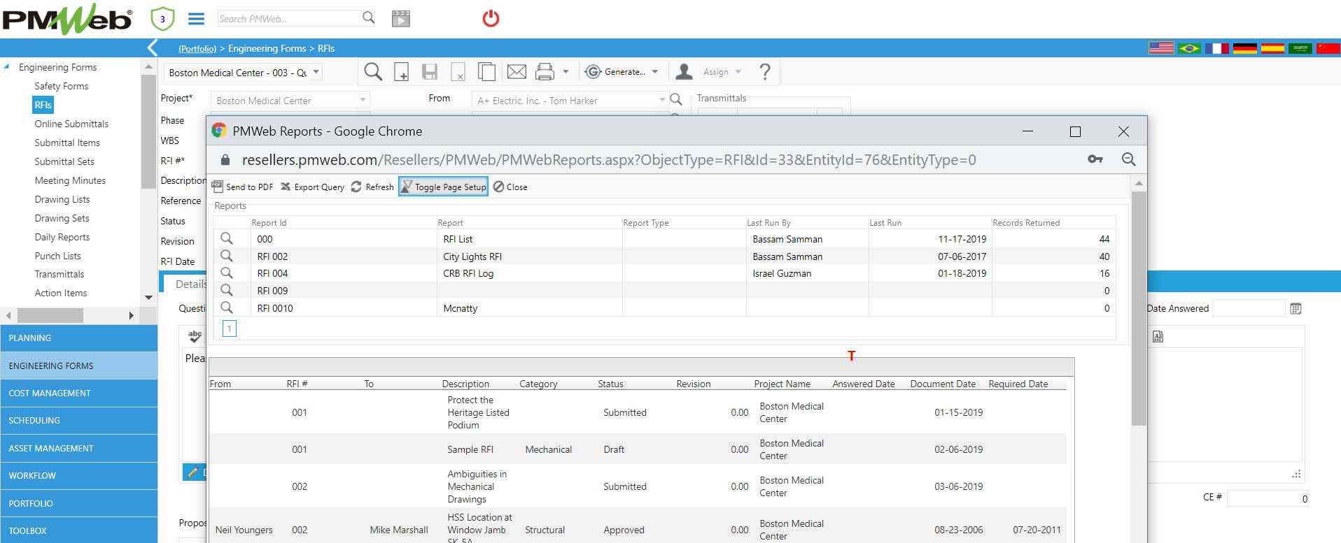 PMWeb 7 Engineering Forms RFIs 
PMWeb Reports Google Chrome 