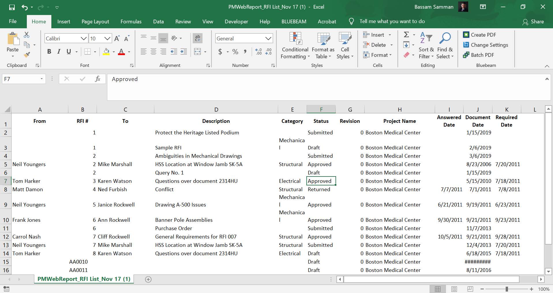 PMWeb 7 Report RFIs List Excel 