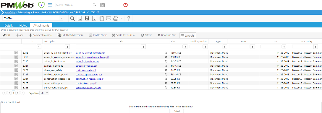 PMWeb 7 Scheduling Forms IWP Civil Foundation and Pile Caps Checklist Attachments 