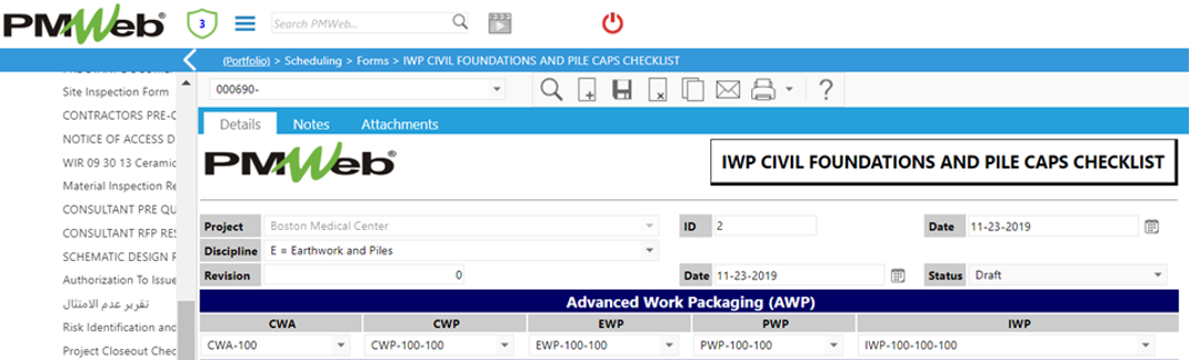 PMWeb 7 Scheduling Forms IWP Civil Foundations and Pile Caps Checklist Details Scope of Work