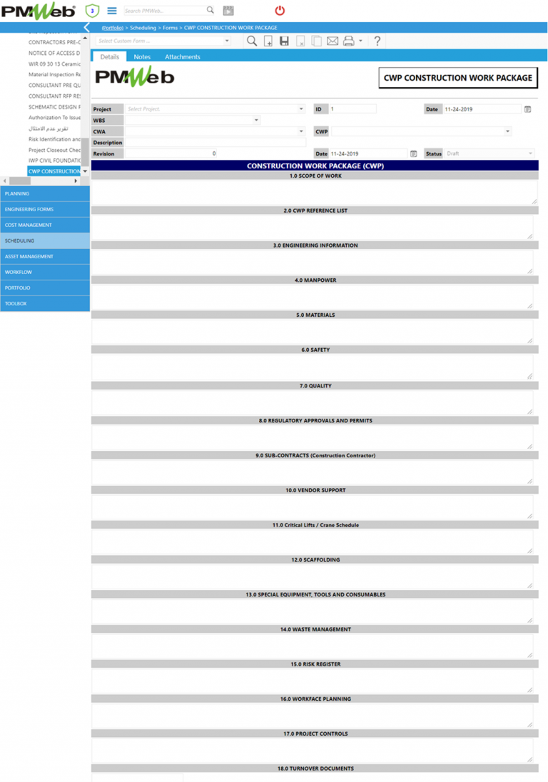 PMWeb 7 Scheduling Forms CWP Construction Work Package Details Scope of Work