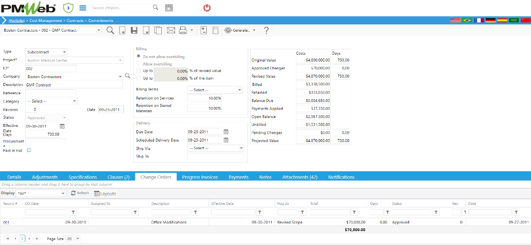 PMWeb 7 Cost Management contracts Commitments Change Orders