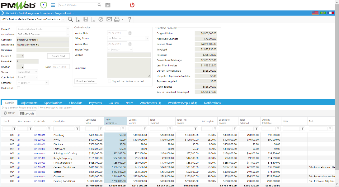  PMWeb 7 Cost Management Invoices Progress Invoices Details 