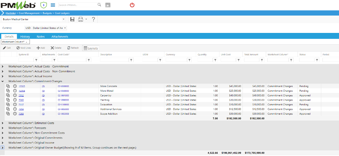 PMWeb 7 Cost Management Budgets Cost Ledgers Details for Cost Performance Indices