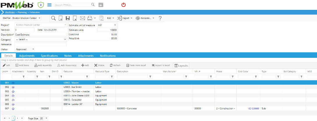 PMWeb 7 Planning Estimate Details 