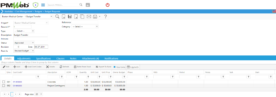 PMWeb 7 Cost Management Budgets Budget Requests Details for measuring Cost Performance Indices