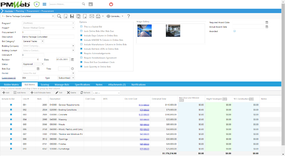 PMWeb 7 Planning Procurement Bid Items for measuring Cost Performance Indices