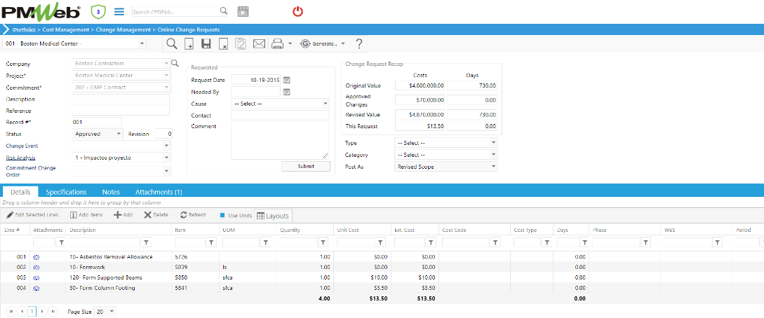 PMWeb 7 Cost Management Change Management Online Change Request Details for measuring Cost Performance Indices