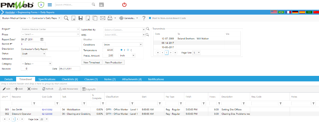 PMWeb 7 Engineering Forms Daily Reports Timesheet for construction work packages