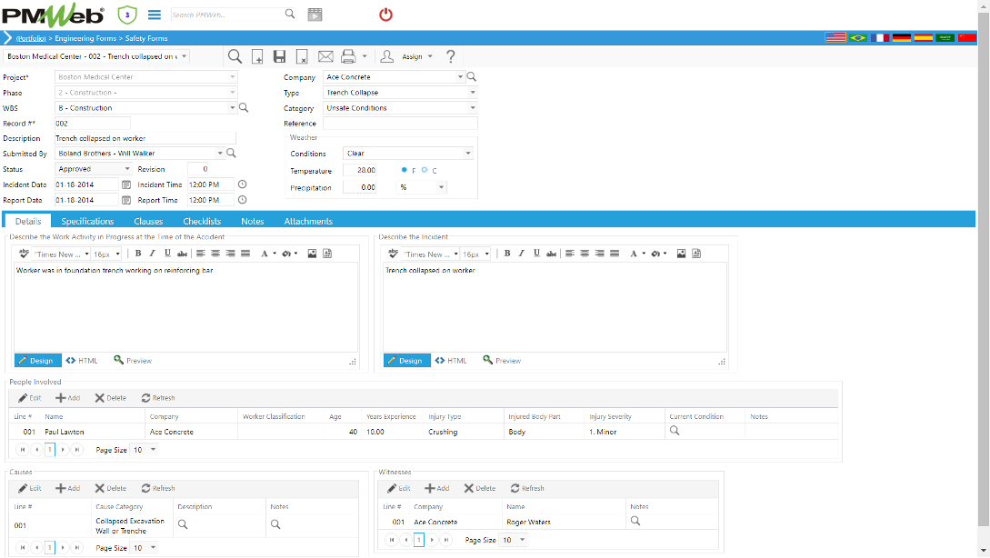 PMWeb 7 Engineering Forms Safety Forms Details for construction work packages