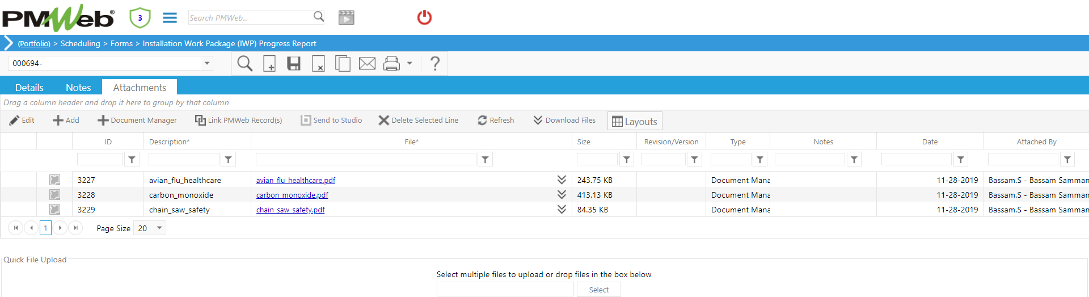 PMWeb 7 Scheduling Forms Installation Work Package (IWP) Progress Report Attachments 