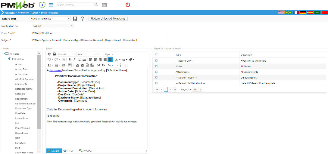 PMWeb 7 Workflows step Email Templates