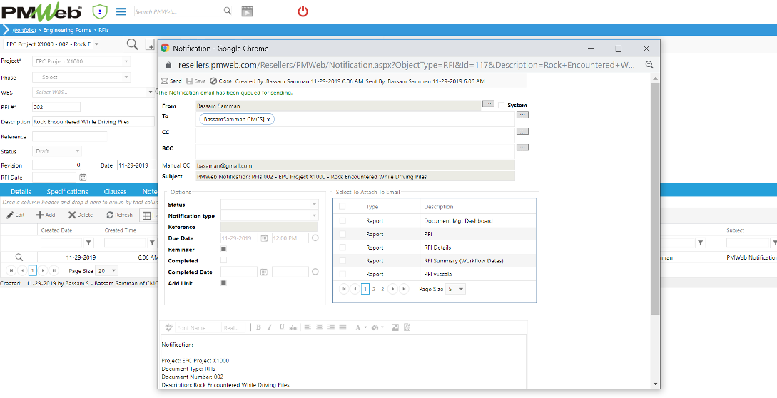 PMWeb 7 Engineering Forms RFIs 
Notification 