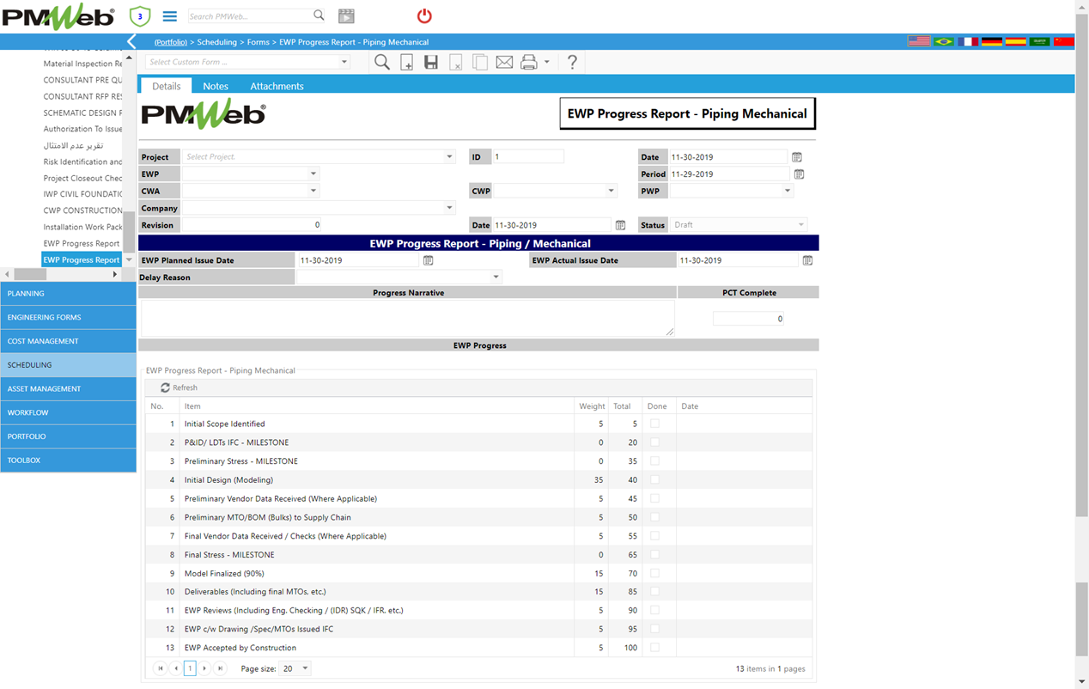 PMWeb 7 Scheduling Forms EWP Progress Report Piping Mechanical  Details 