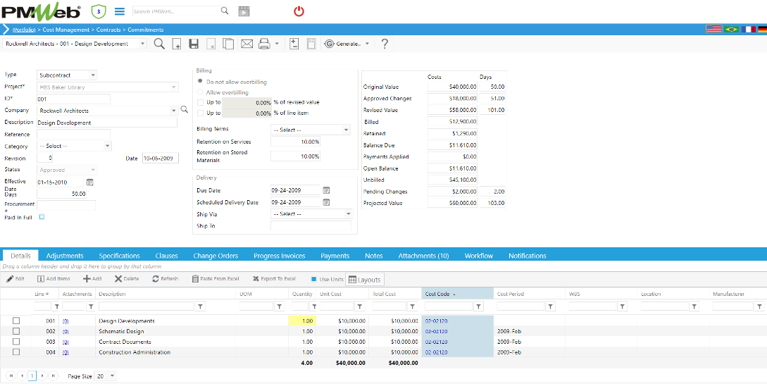 PMWeb 7 Cost Managment Contracts commitments  Details 