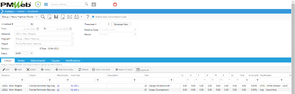 PMWeb 7 Toolbox Timesheets Details 