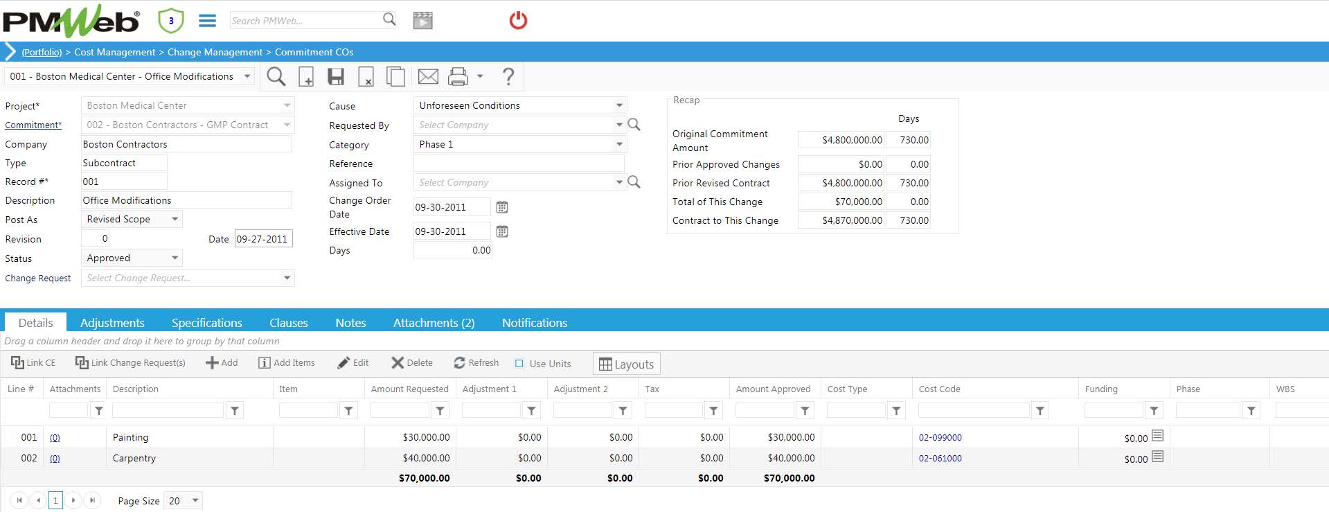 PMWeb 7 Cost Managment Change Management Commitment COs Details 