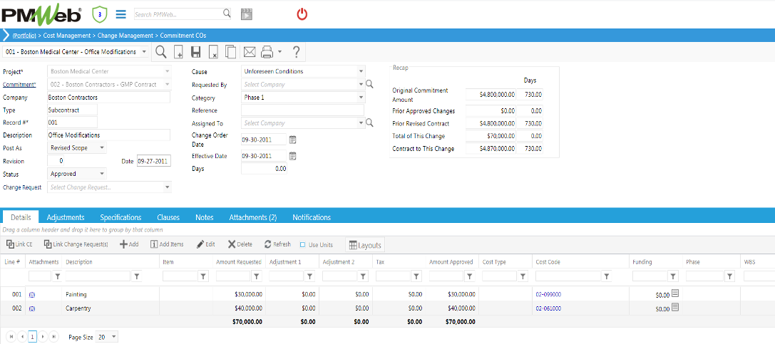 PMWeb 7 Cost Managment Change Managment Commitment COs Details for Formal Communication