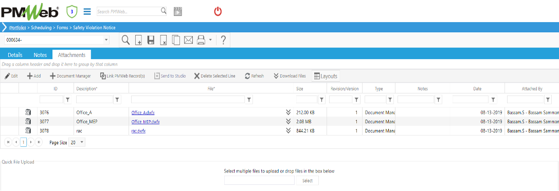 PMWeb 7 Scheduling Forms Safety Violation Notice Attachments 