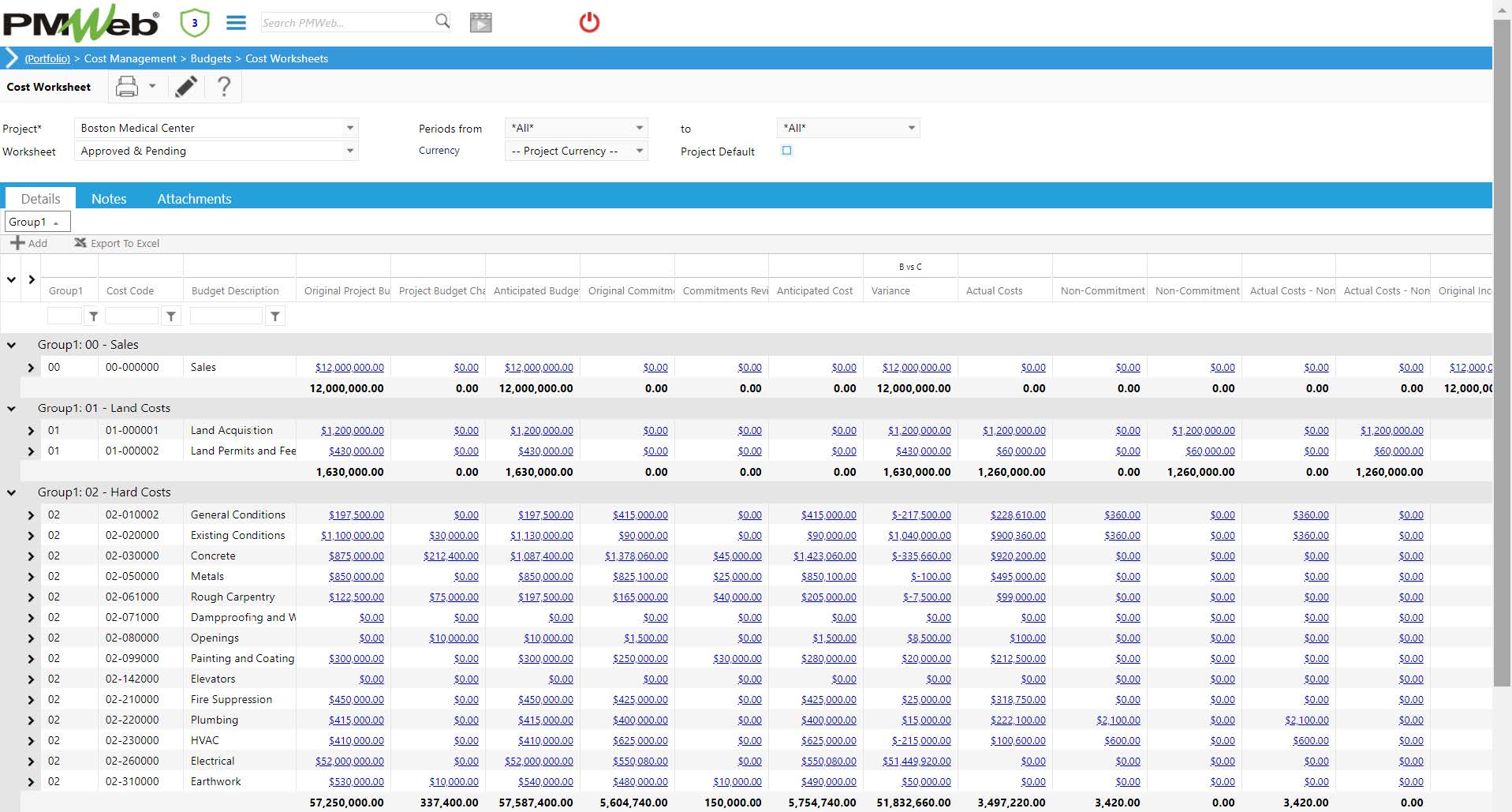 PMWeb 7 Cost Managment Budgets Cost Worksheets Details 