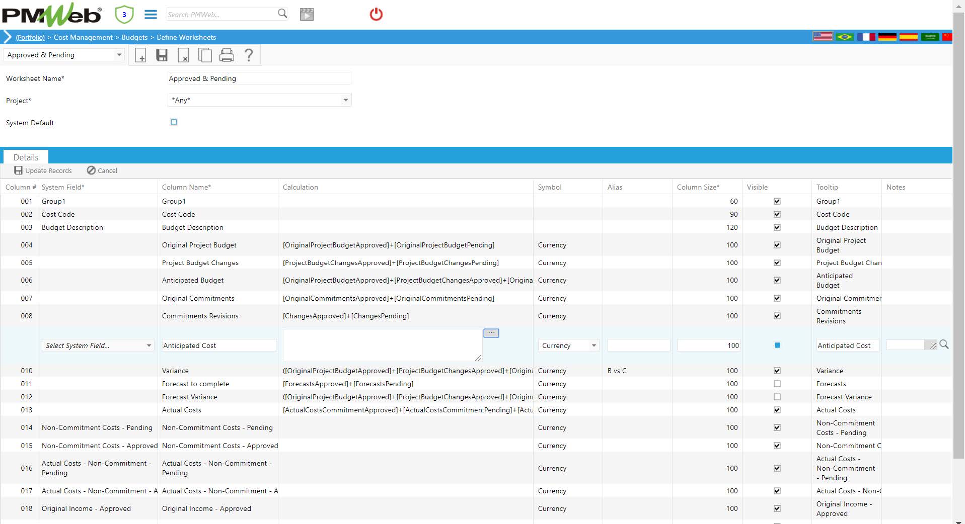 PMWeb 7 Cost Managment Budgets Define Worksheets Details 