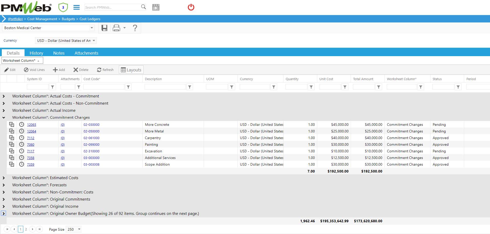 PMWeb 7 Cost Managment Budgets Cost Ledgers Details 