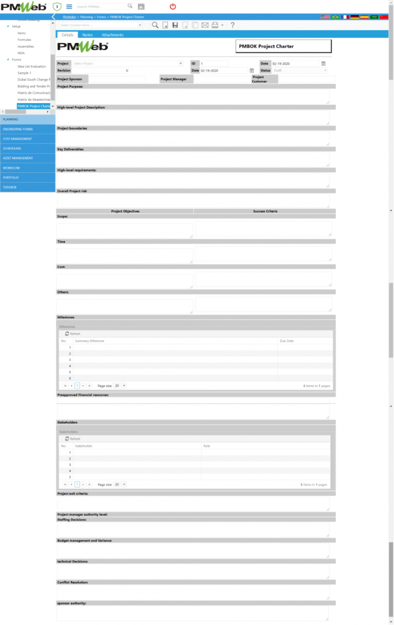 PMWeb 7 Planning Forms PMBOK® Project Charter 