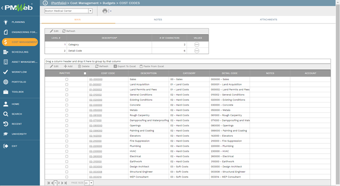 PMWeb 7 Cost Management Budgets Cost Codes for Furniture, Fixtures and Equipment