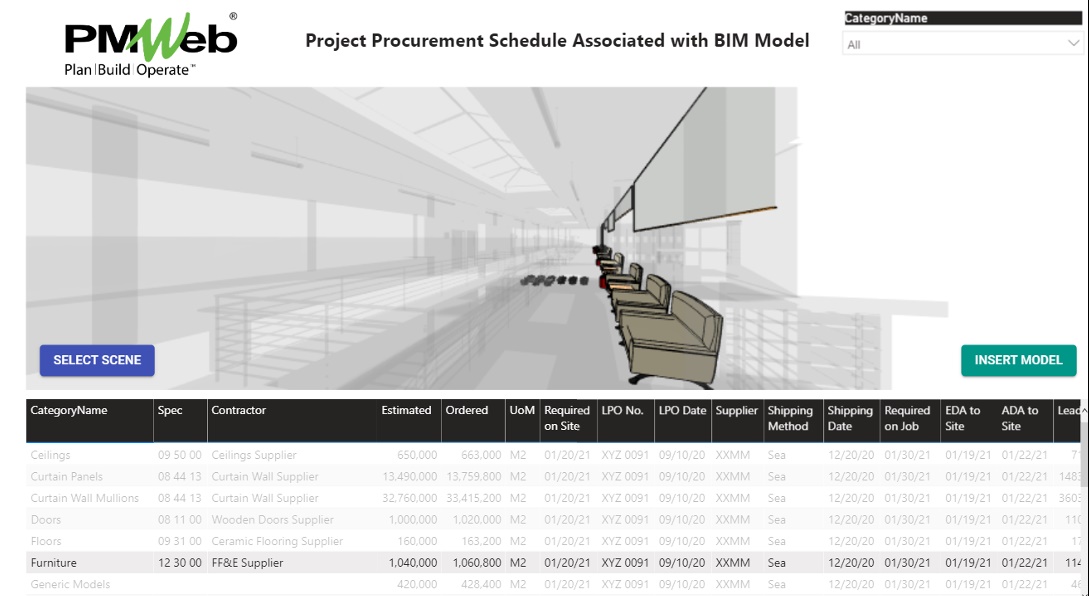 PMWeb Project Procurement Schedule Associated with BIM Model 