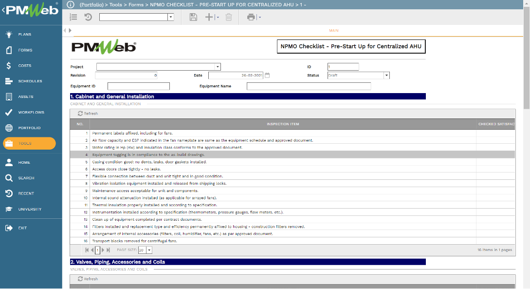 PMWeb 7 Tools NPMO Checklist Pre Start up for Centralized AHU Main 