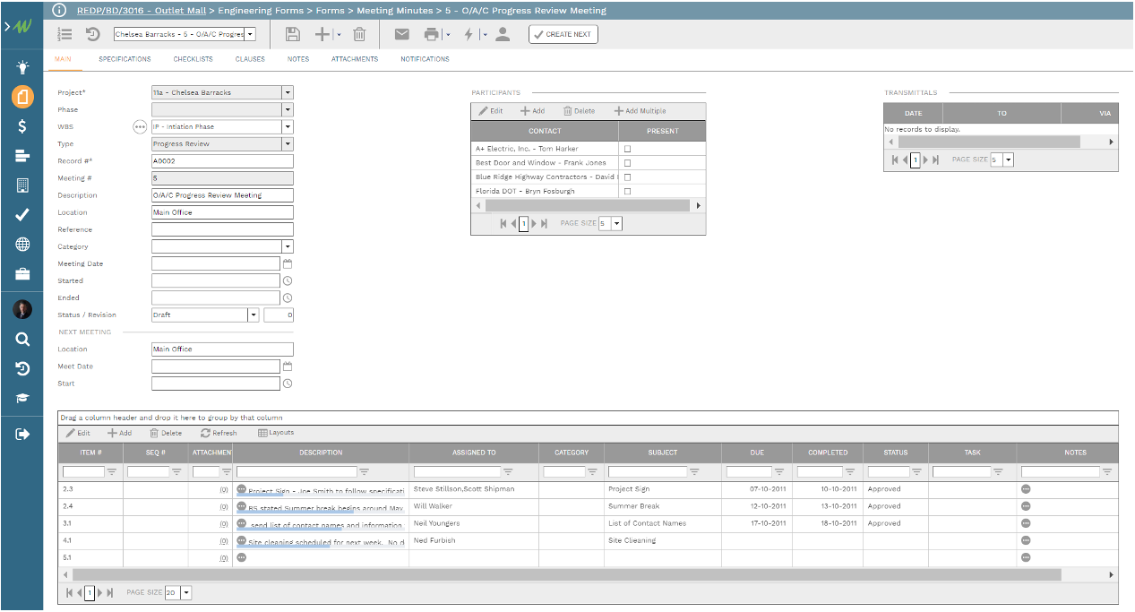 PMWeb 7 Engineering Forms Forms Meeting Minutes Main