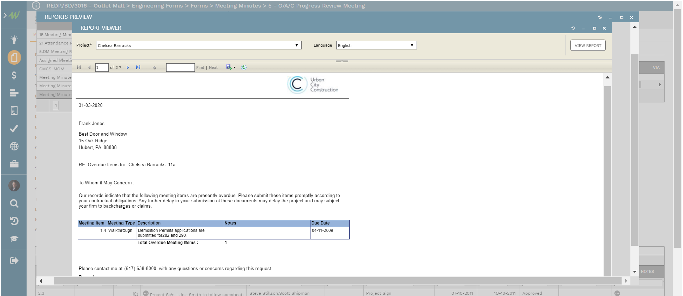 PMWeb 7 Engineering Forms Forms Meeting Minutes Main Reports Preview Report Viewer 