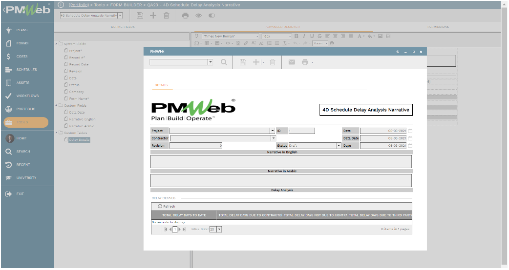 PMWeb 7 Tools Form Builder Schedule Delay Analysis Narrative PMWeb 