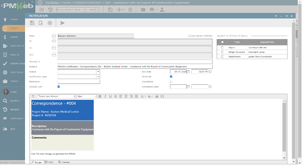 PMWeb 7 Forms  Correspondence Assistance with Re-Export of Construction Equipment Notification 