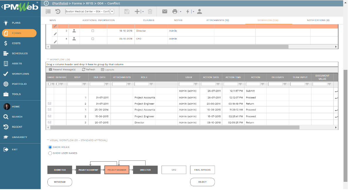PMWeb 7 Forms RFIs Conflict Workflow 
