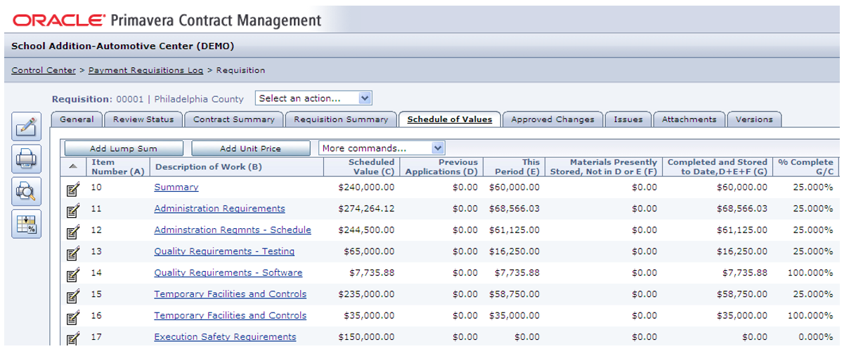 PMWeb 7 oracle Primavera Contract Managment School Addition-Automative Center (DEMO)