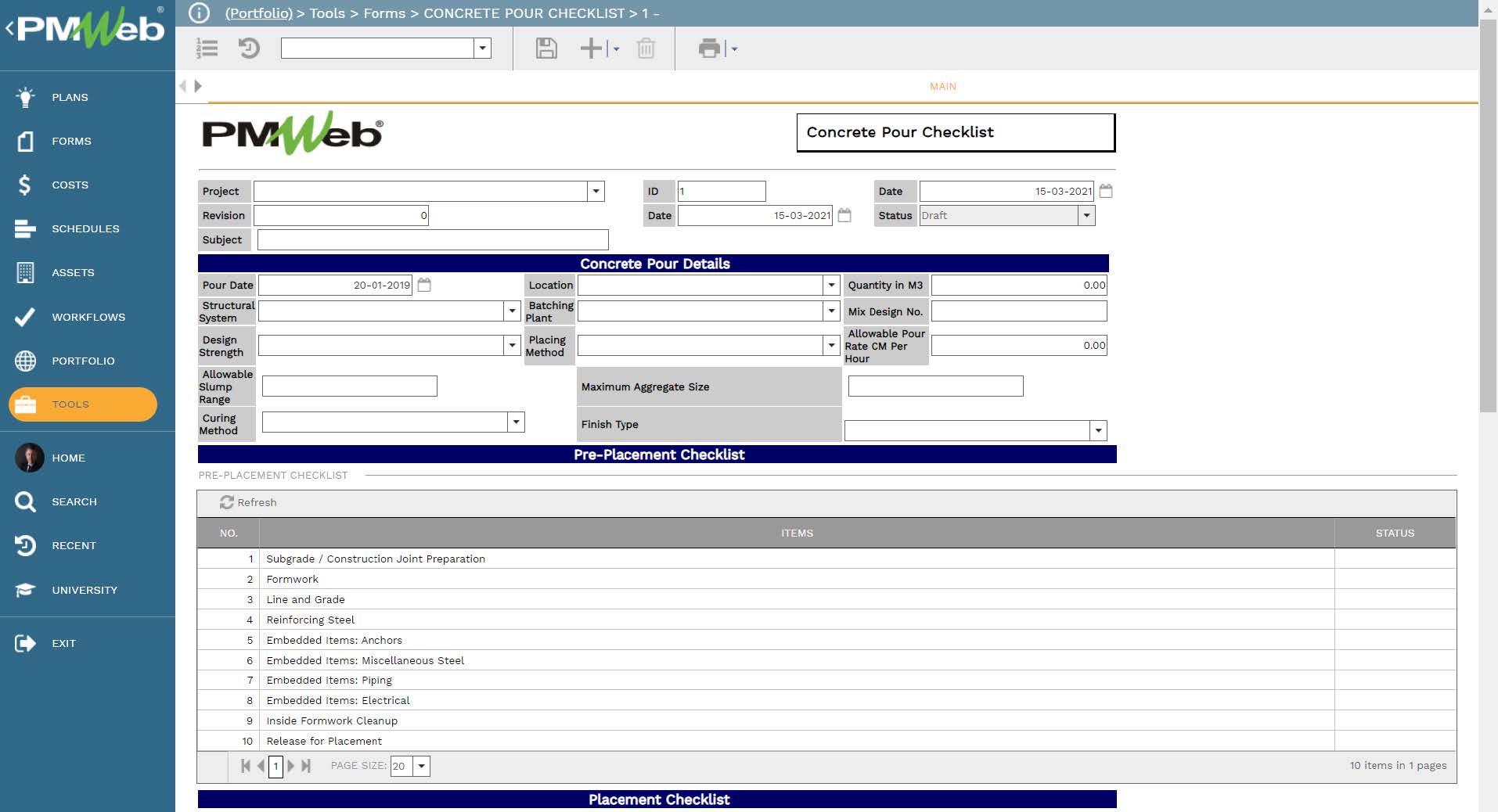 PMWeb Tools Forms Concrete Pour Checklist Main