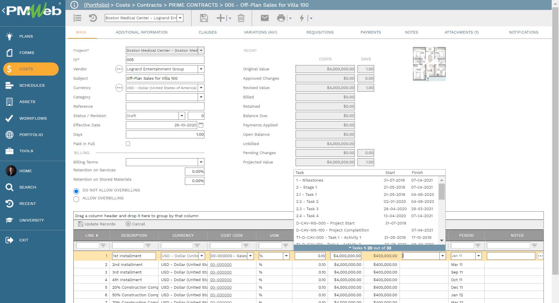 PMWeb 7 Costs Contracts Prime Contracts Main 