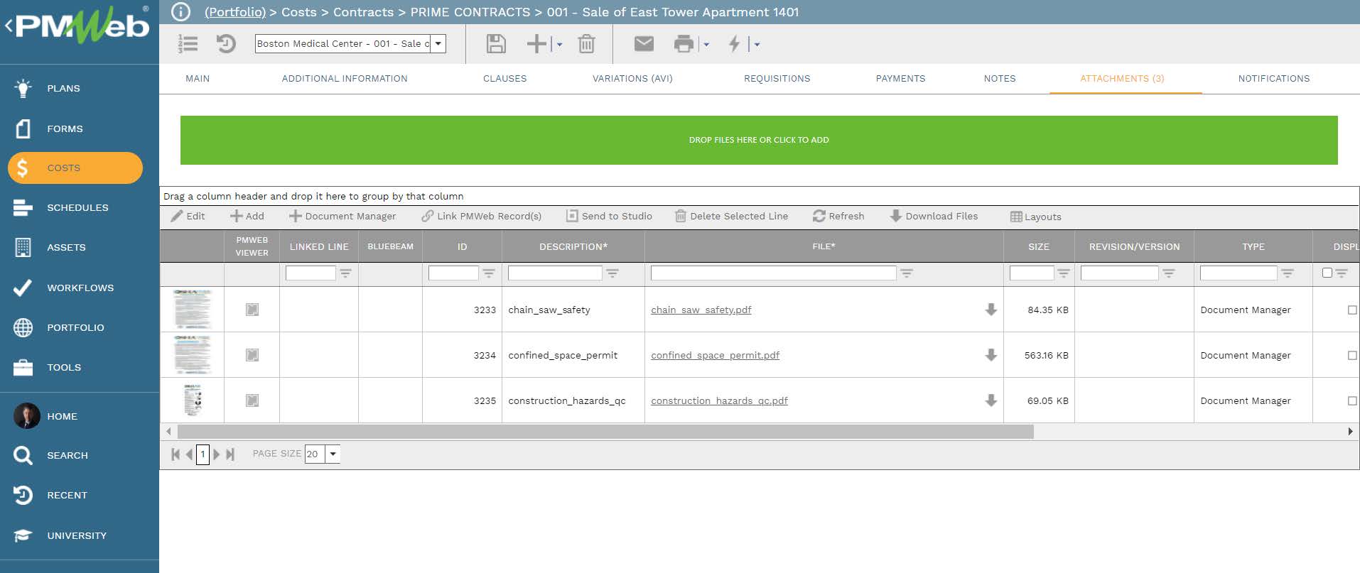 PMWeb 7 Costs Contracts Prime Contracts Attachments 